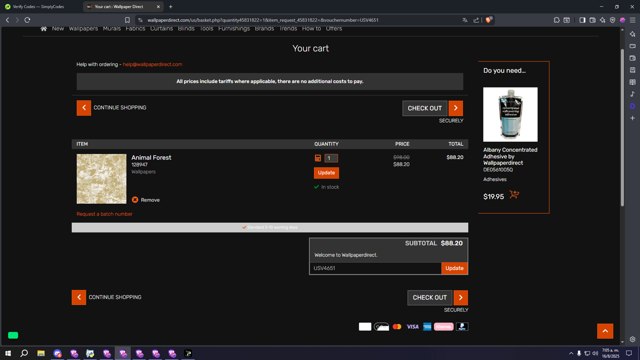 Wallpaper Direct US checkout page showing Wallpaper Direct US promo code box | Screenshot taken by SimplyCodes community member on Aug 16, 2025