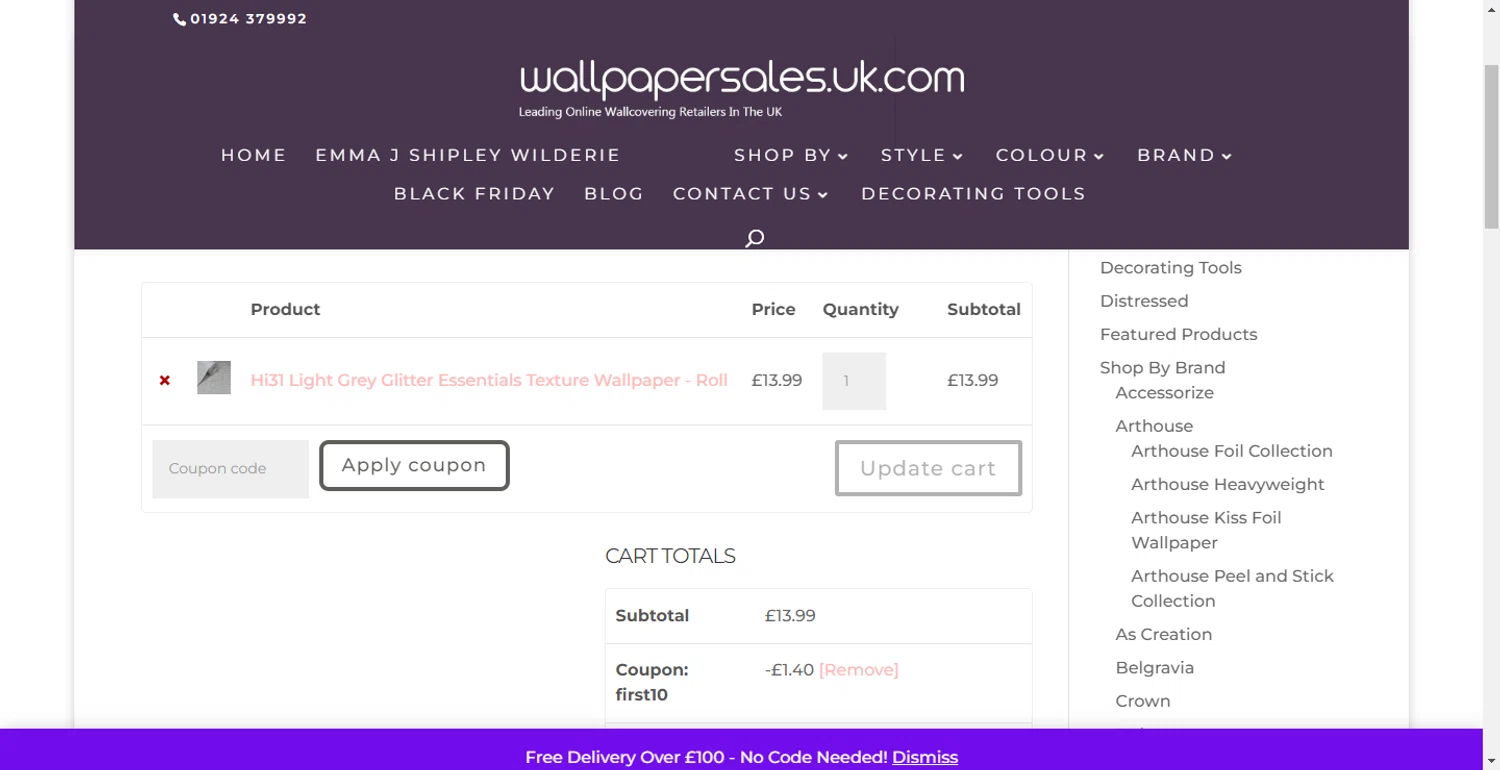 Wallpaper Sales checkout page showing Wallpaper Sales promo code box | Screenshot taken by SimplyCodes community member on Oct 6, 2025
