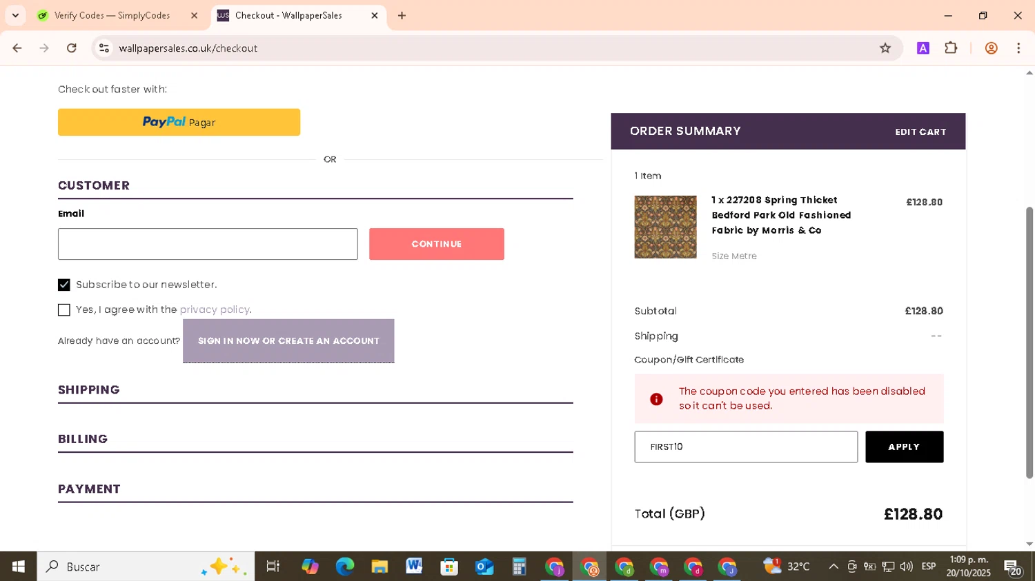 Wallpaper Sales promo code screenshot showing code FIRST10 applied at Wallpaper Sales checkout page. Uploaded by SimplyCodes community member RebateCollector5909 on Oct 20, 2025
