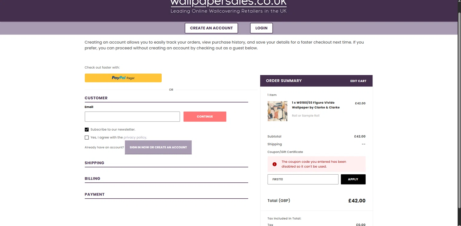 Wallpaper Sales promo code screenshot showing code FIRST10 applied at Wallpaper Sales checkout page. Uploaded by SimplyCodes community member RewardPhoenix3732 on Oct 20, 2025