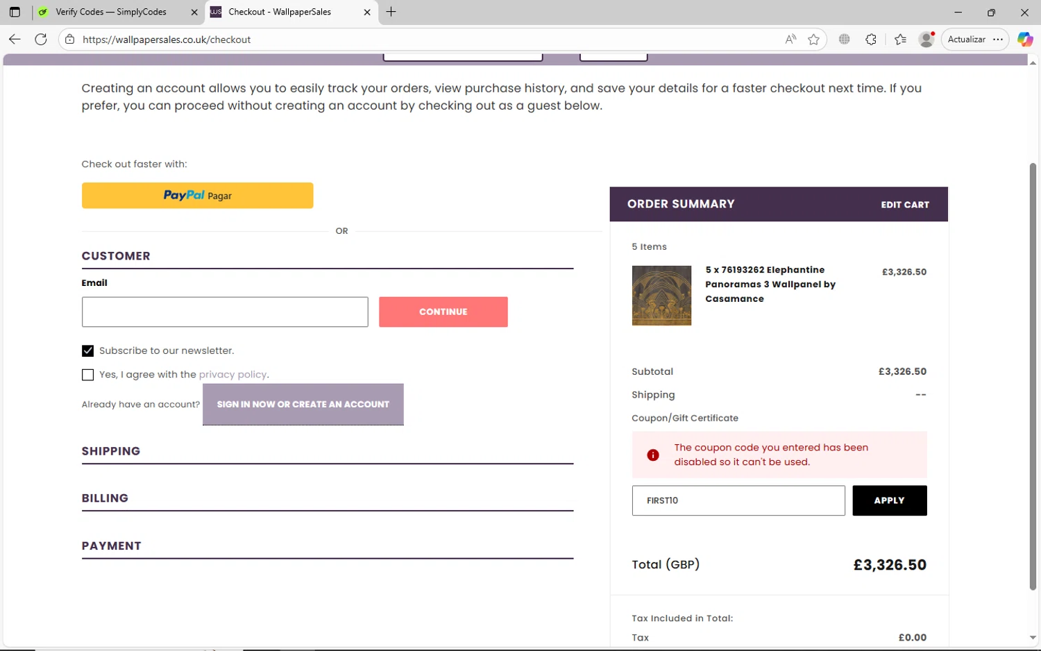 Wallpaper Sales promo code screenshot showing code FIRST10 applied at Wallpaper Sales checkout page. Uploaded by SimplyCodes community member jhoanDepp on Oct 20, 2025