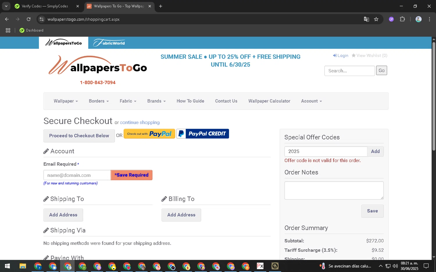 Wallpapers To Go coupon code screenshot showing code 2025 applied at Wallpapers To Go checkout page. Uploaded by SimplyCodes community member CleverRanger7308 on Jun 30, 2025