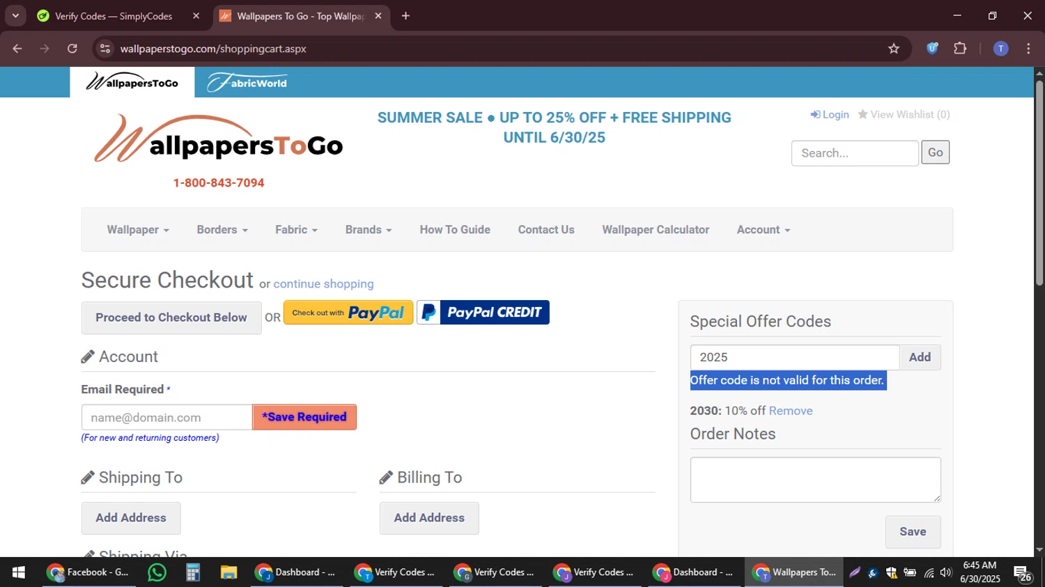 Wallpapers To Go coupon code screenshot showing code 2025 applied at Wallpapers To Go checkout page. Uploaded by SimplyCodes community member snidertom8 on Jun 30, 2025