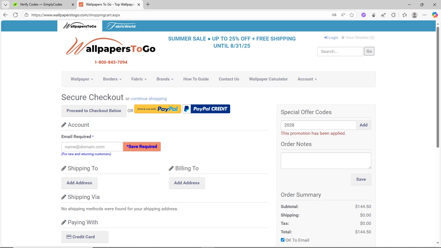 Wallpapers To Go coupon code screenshot showing code 2028 applied at Wallpapers To Go checkout page. Uploaded by SimplyCodes community member CrownShopper2899 on Aug 26, 2025