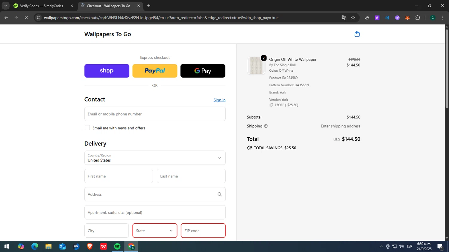 Wallpapers To Go coupon code screenshot showing code 2028 applied at Wallpapers To Go checkout page. Uploaded by SimplyCodes community member GOJOSATURO on Sep 24, 2025