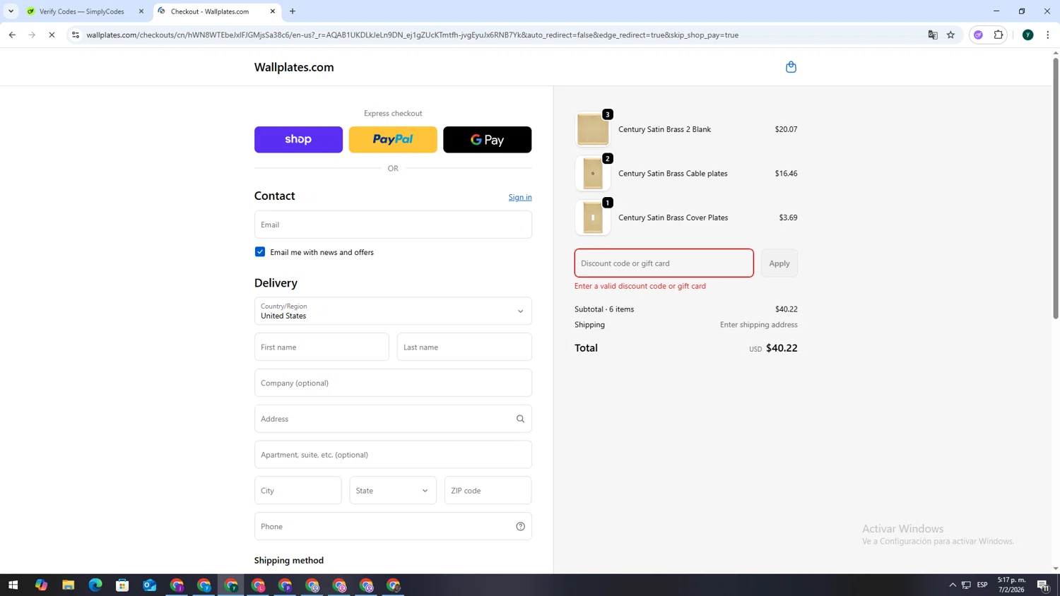 Wallplates.com discount code screenshot showing code WELCOME applied at Wallplates.com checkout page. Uploaded by SimplyCodes community member VoucherSpotter6910 on Feb 7, 2026