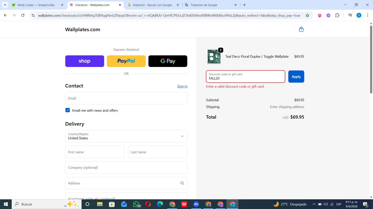 Wallplates.com promo code screenshot showing code FALL20 applied at Wallplates.com checkout page. Uploaded by SimplyCodes community member ANDRES10 on Apr 10, 2026