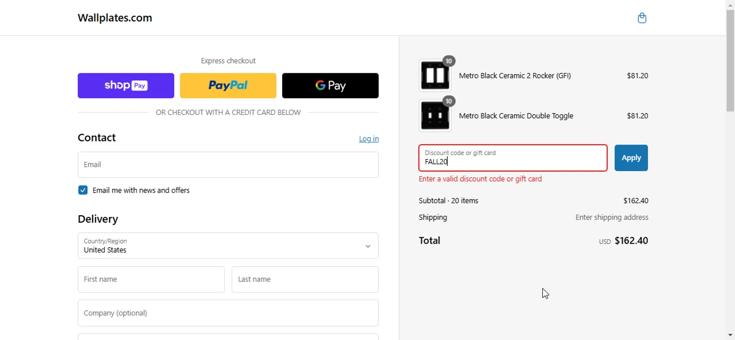 Wallplates.com discount code screenshot showing code FALL20 applied at Wallplates.com checkout page. Uploaded by SimplyCodes community member Prospecto on Feb 28, 2025