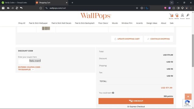 Wall Pops checkout page showing Wall Pops promo code box | Screenshot taken by SimplyCodes community member on Jun 17, 2025