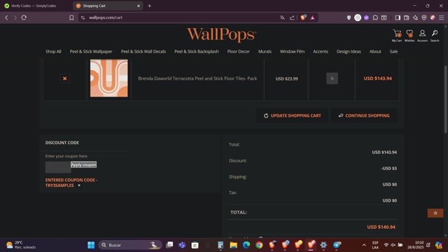 Wall Pops checkout page showing Wall Pops promo code box | Screenshot taken by SimplyCodes community member on Aug 28, 2025