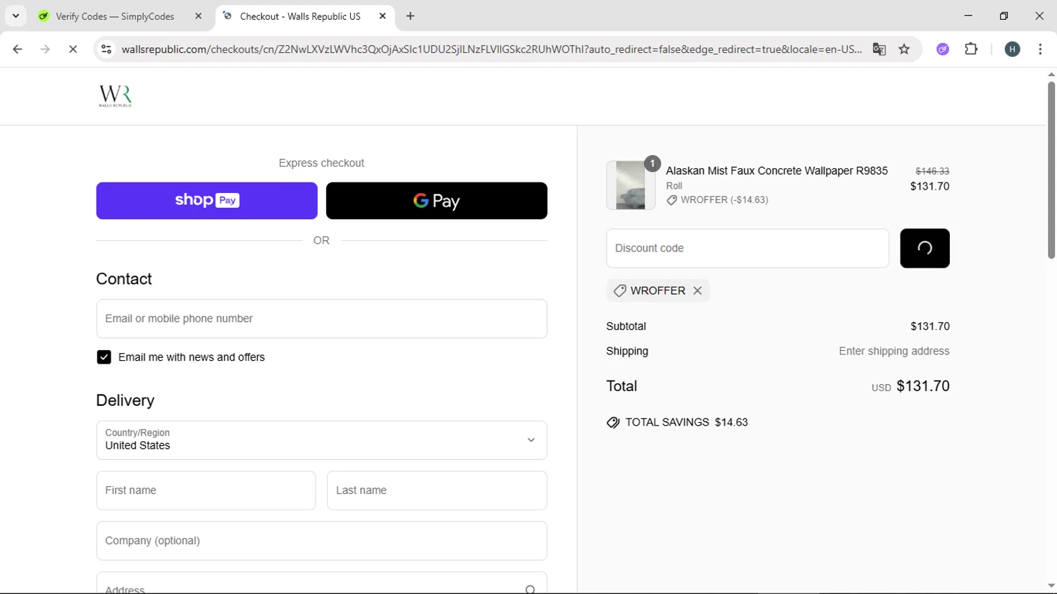 Walls Republic US promo code screenshot showing code WROFFER applied at Walls Republic US checkout page. Uploaded by SimplyCodes community member YAMAHA on May 26, 2025