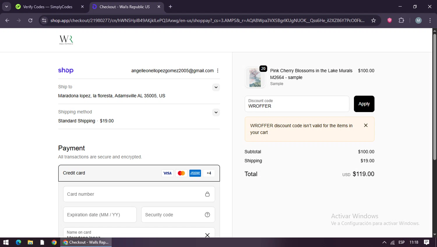 Walls Republic US promo code screenshot showing code WROFFER applied at Walls Republic US checkout page. Uploaded by SimplyCodes community member maraxo on Nov 14, 2025