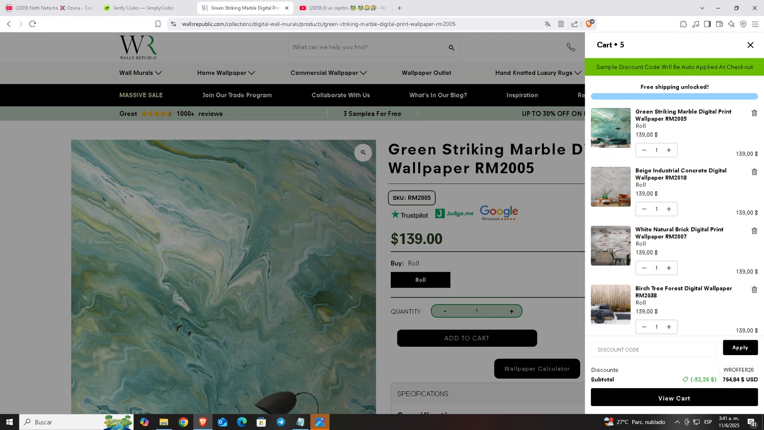 Walls Republic US promo code screenshot showing code WROFFER20 applied at Walls Republic US checkout page. Uploaded by SimplyCodes community member Carloscoder_900457733 on Jun 11, 2025