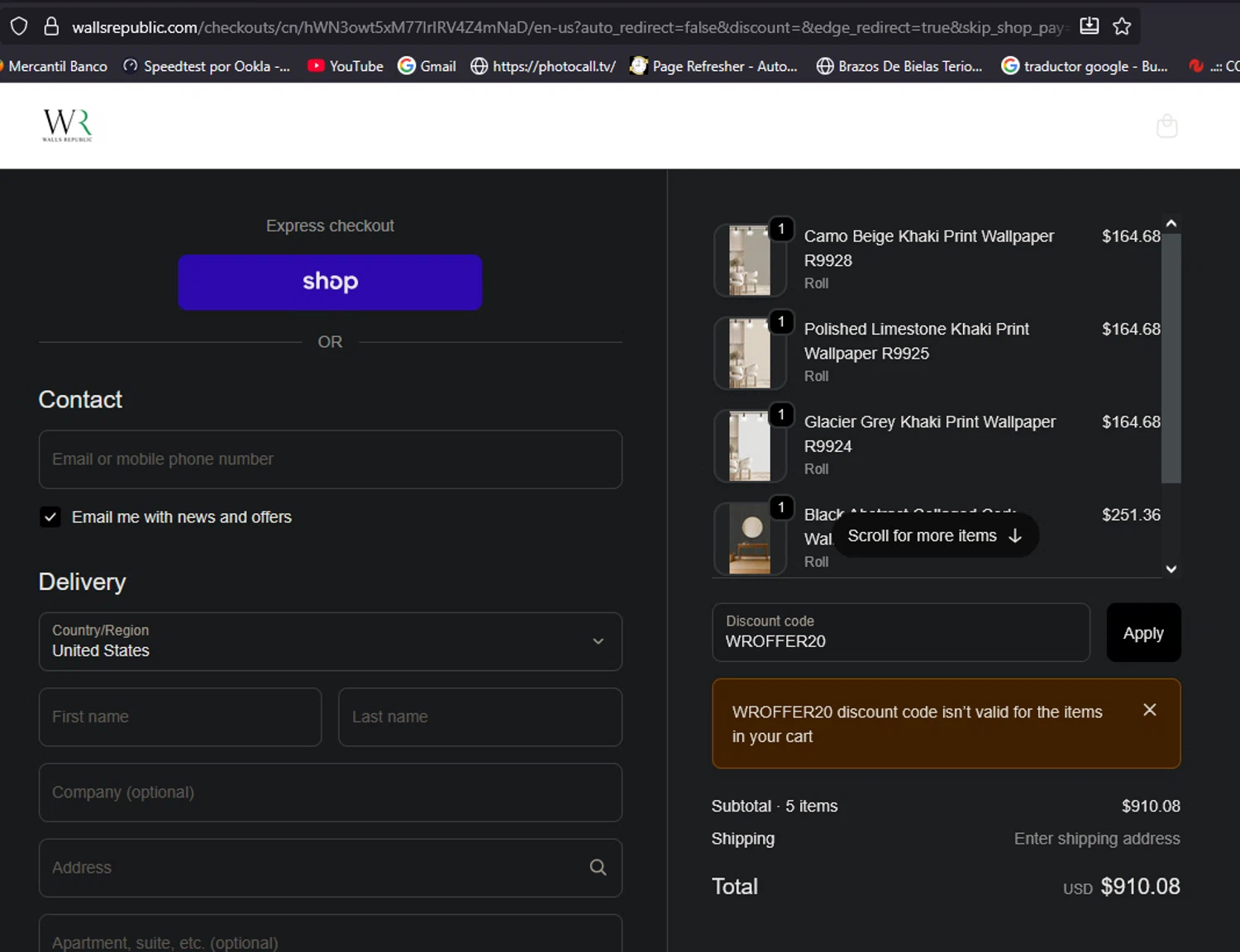 Walls Republic US promo code screenshot showing code WROFFER20 applied at Walls Republic US checkout page. Uploaded by SimplyCodes community member aliriotrasmonte on Oct 7, 2025