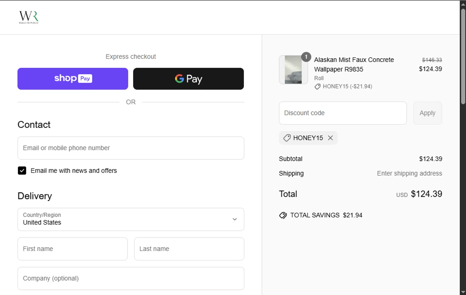 Walls Republic US promo code screenshot showing code HONEY15 applied at Walls Republic US checkout page. Uploaded by SimplyCodes community member GoldPhoenix3793 on May 26, 2025
