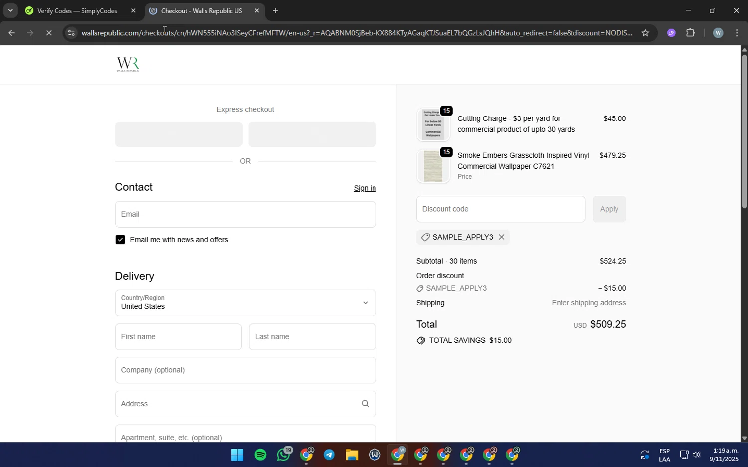 Walls Republic US promo code screenshot showing code SAMPLE_APPLY3 applied at Walls Republic US checkout page. Uploaded by SimplyCodes community member fuguettt on Nov 9, 2025