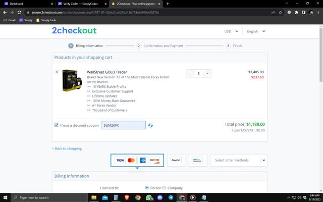 Wall Street Forex checkout page showing Wall Street Forex promo code box | Screenshot taken by SimplyCodes community member on Aug 18, 2023