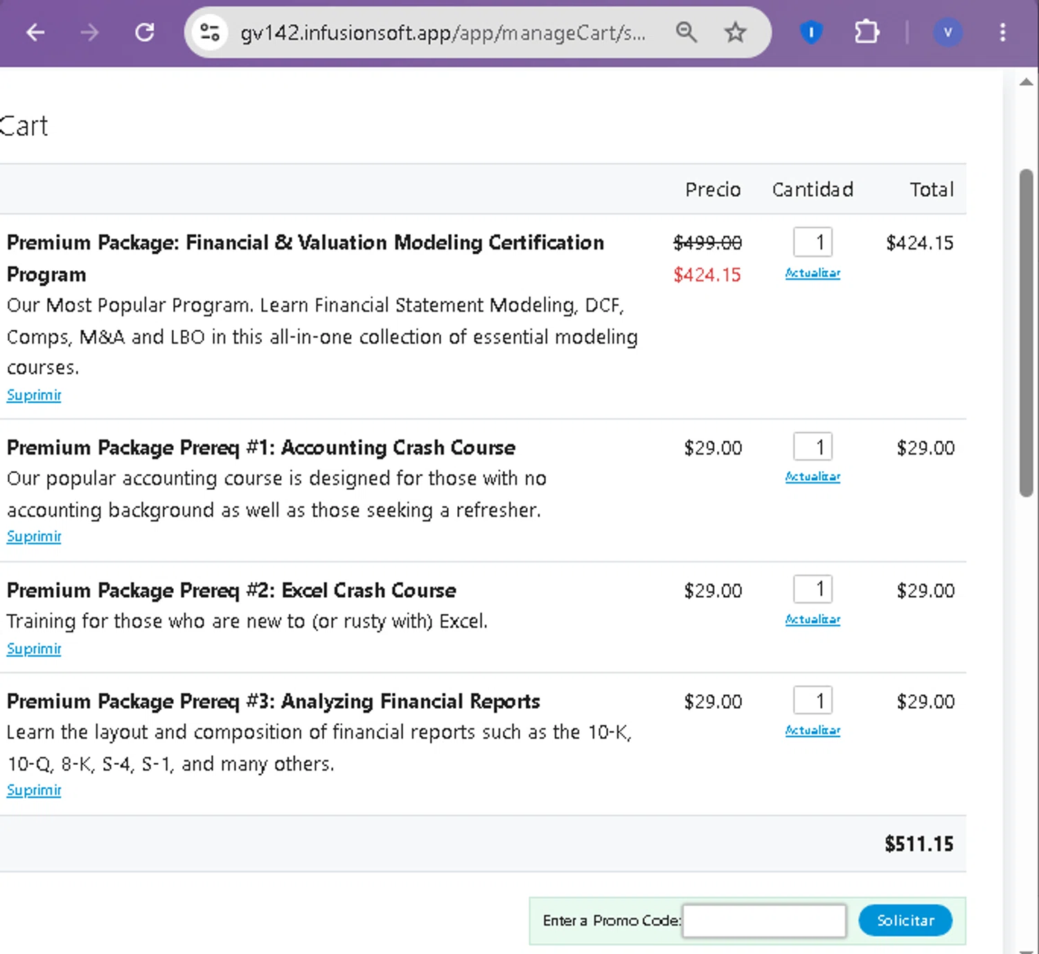 Wall Street Prep promo code screenshot showing code WSP15 applied at Wall Street Prep checkout page. Uploaded by SimplyCodes community member beatrizcastillo on Jun 20, 2026