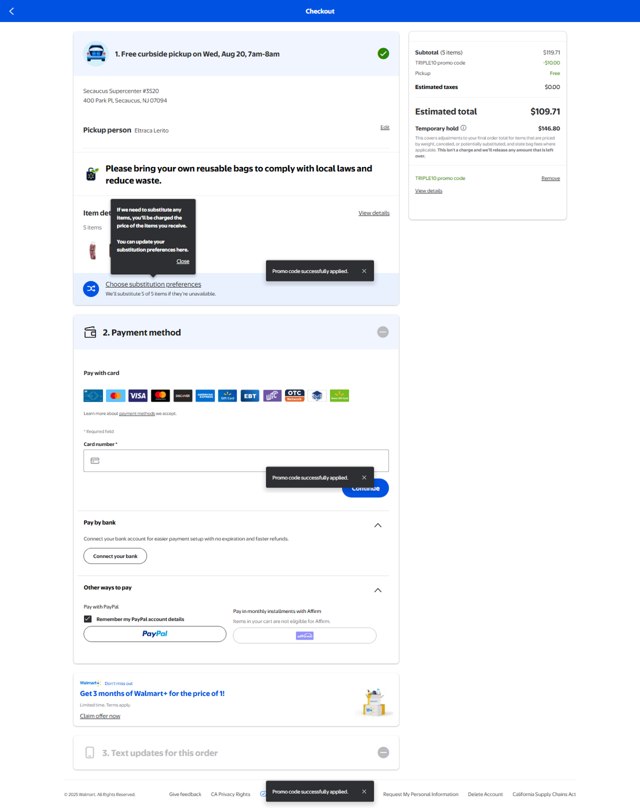 Walmart checkout page showing Walmart promo code box | Screenshot taken by SimplyCodes community member on Aug 18, 2025