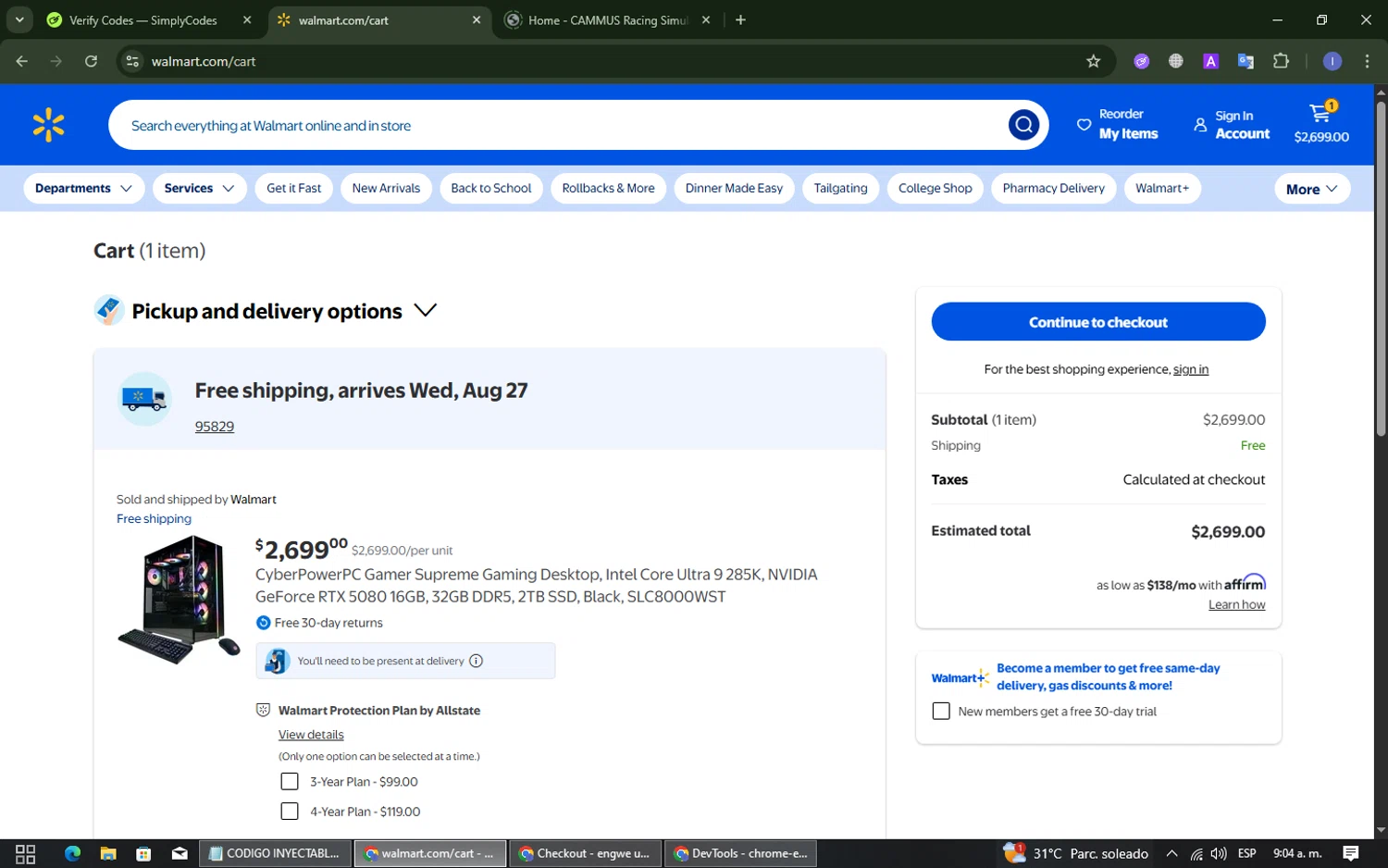 Walmart promo code screenshot showing code 30WMOFF applied at Walmart checkout page. Uploaded by SimplyCodes community member SmartMaven8764 on Aug 26, 2025