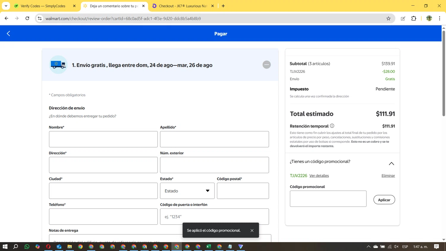 Walmart promo code screenshot showing code TJJV2226 applied at Walmart checkout page. Uploaded by SimplyCodes community member FrugalVirtuoso3584 on Aug 22, 2025