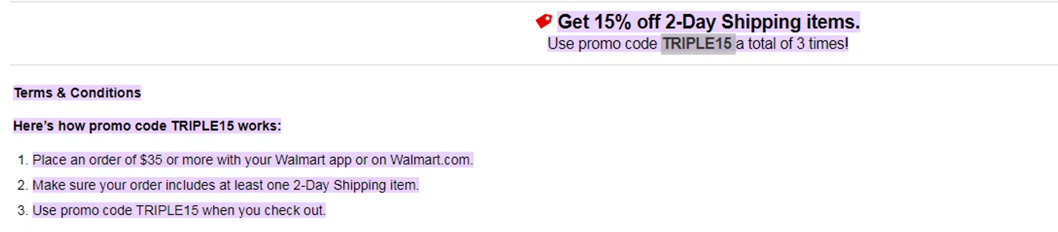 Walmart promo code screenshot showing code TRIPLE15 applied at Walmart checkout page. Uploaded by SimplyCodes community member Alofoke on Jan 8, 2026