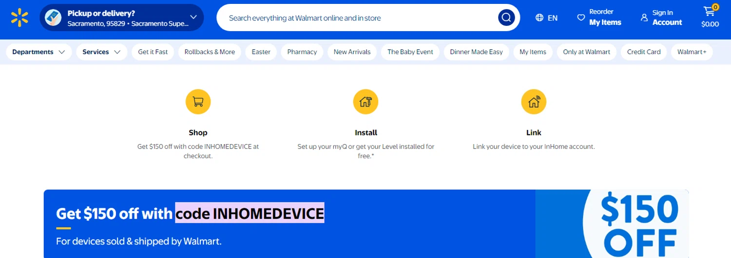 Walmart promo code screenshot showing code INHOMEDEVICE applied at Walmart checkout page. Uploaded by SimplyCodes community member RonaldAcunaJr on Feb 20, 2026