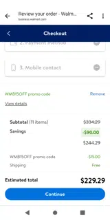 Walmart Business coupon verification screenshot