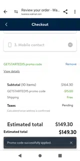 Walmart Business coupon verification screenshot