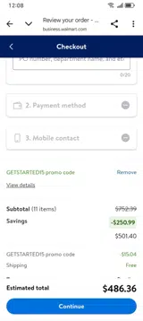 Walmart Business coupon verification screenshot