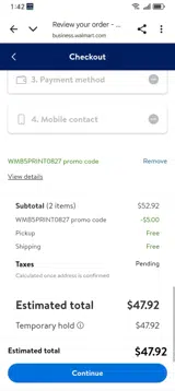 Walmart Business coupon verification screenshot