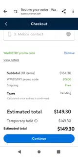 Walmart Business coupon verification screenshot