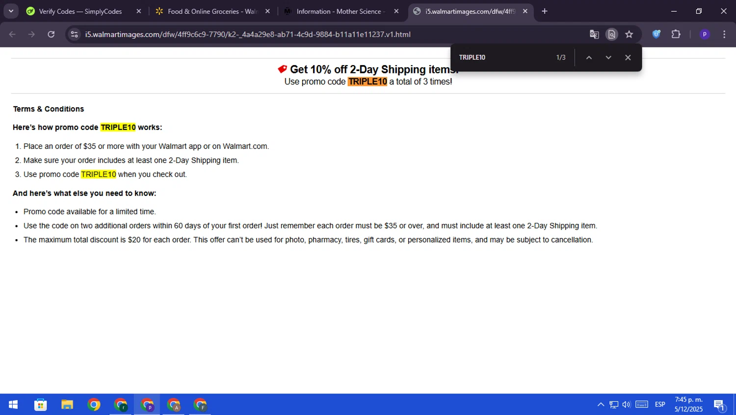 Walmart Grocery promo code screenshot showing code TRIPLE10 applied at Walmart Grocery checkout page. Uploaded by SimplyCodes community member RebateScout6612 on Dec 5, 2025