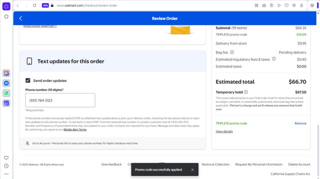 Walmart Grocery checkout page showing Walmart Grocery promo code box | Screenshot taken by SimplyCodes community member on Jun 14, 2025