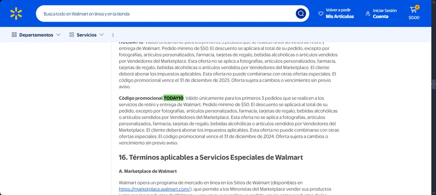 Walmart Grocery promo code screenshot showing code TODAY10 applied at Walmart Grocery checkout page. Uploaded by SimplyCodes community member Santi_ago on Jan 16, 2025