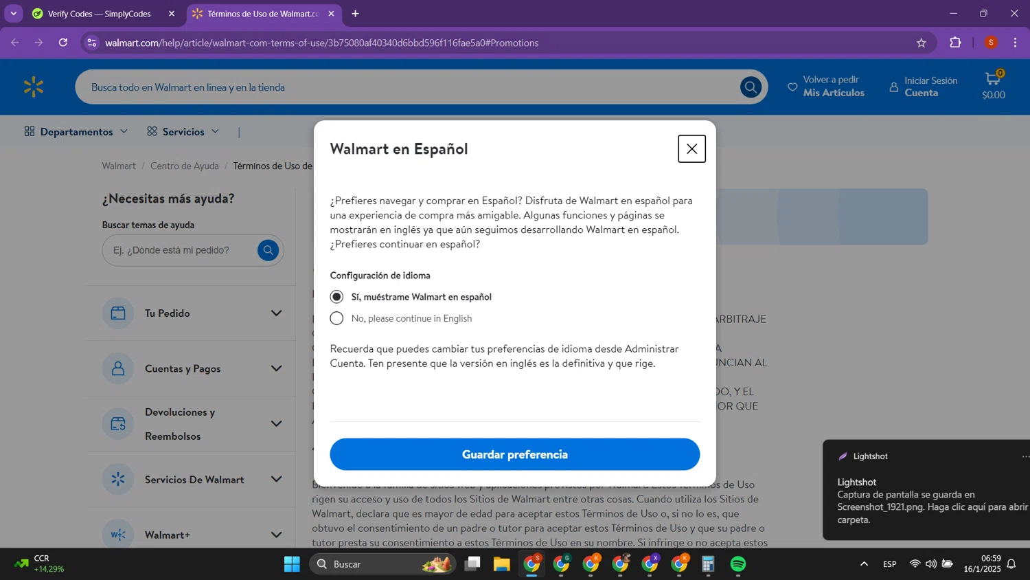 Walmart Grocery promo code screenshot showing code TODAY10 applied at Walmart Grocery checkout page. Uploaded by SimplyCodes community member PrimeTracker2179 on Jan 16, 2025