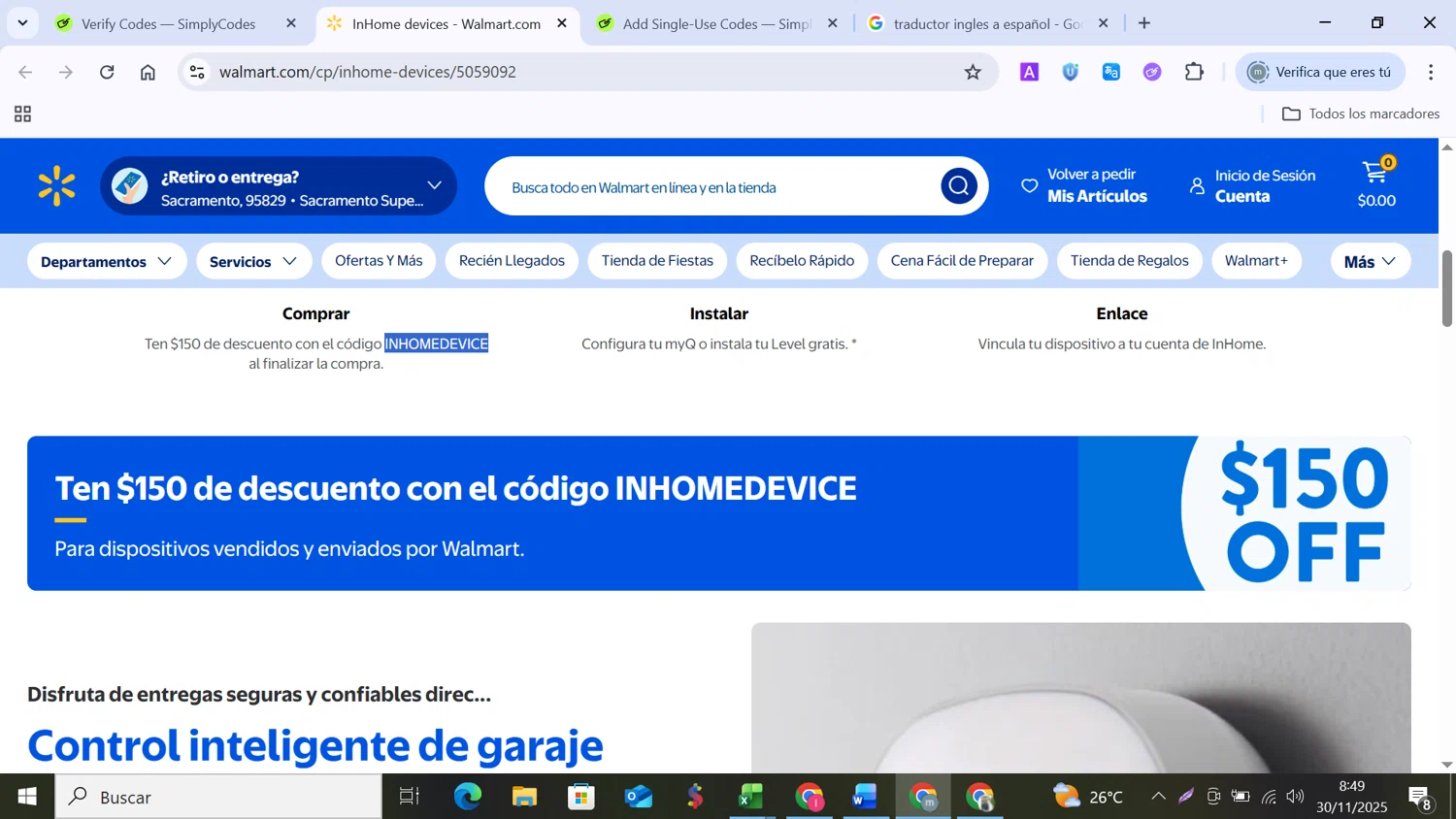 Walmart Grocery promo code screenshot showing code INHOMEDEVICE applied at Walmart Grocery checkout page. Uploaded by SimplyCodes community member MANUELURBINA on Nov 30, 2025