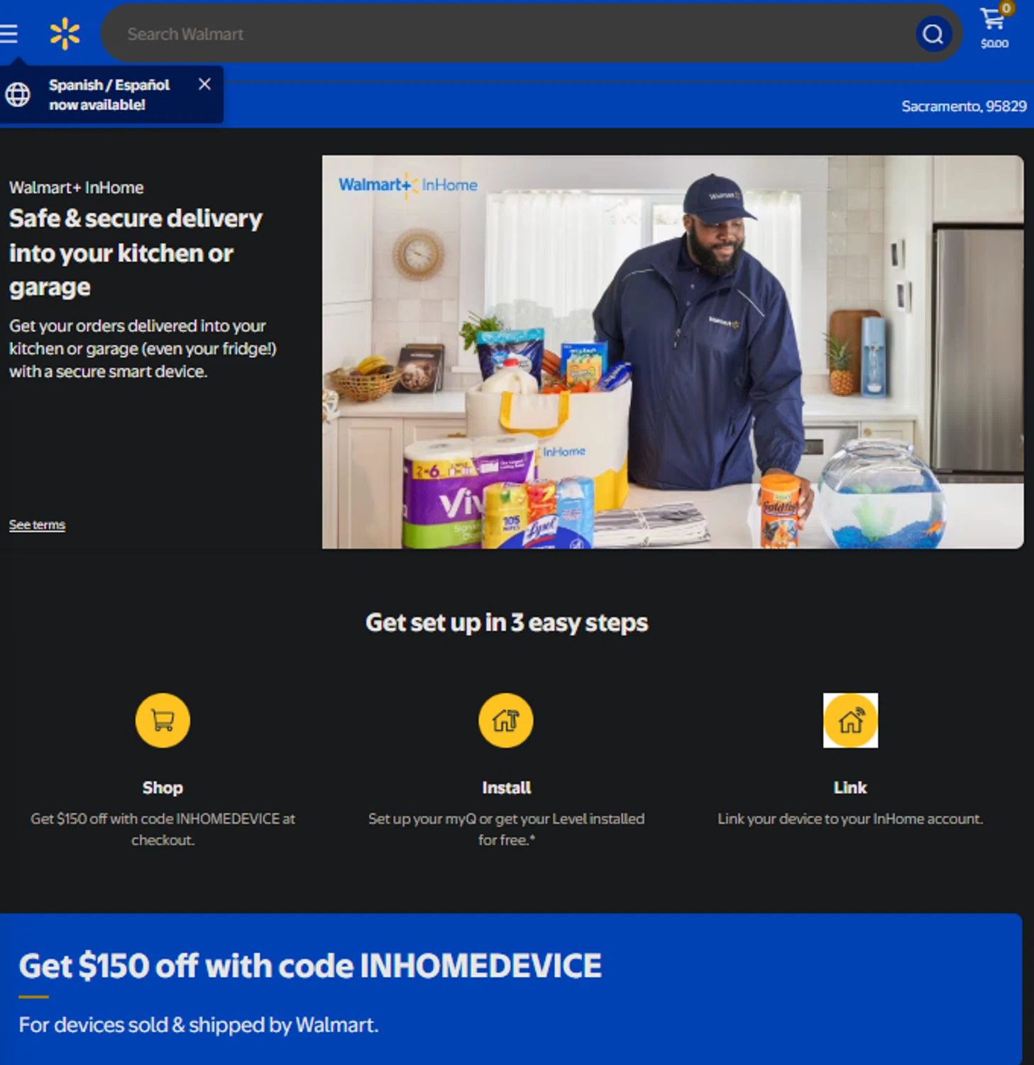 Walmart Grocery promo code screenshot showing code INHOMEDEVICE applied at Walmart Grocery checkout page. Uploaded by SimplyCodes community member SpiderGwen on Nov 18, 2025
