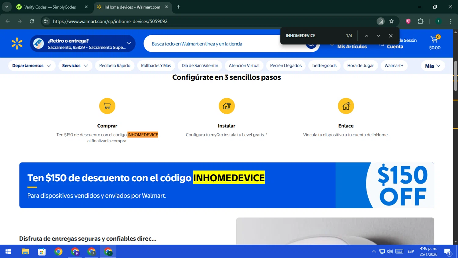 Walmart Grocery promo code screenshot showing code INHOMEDEVICE applied at Walmart Grocery checkout page. Uploaded by SimplyCodes community member rodri1 on Jan 25, 2026