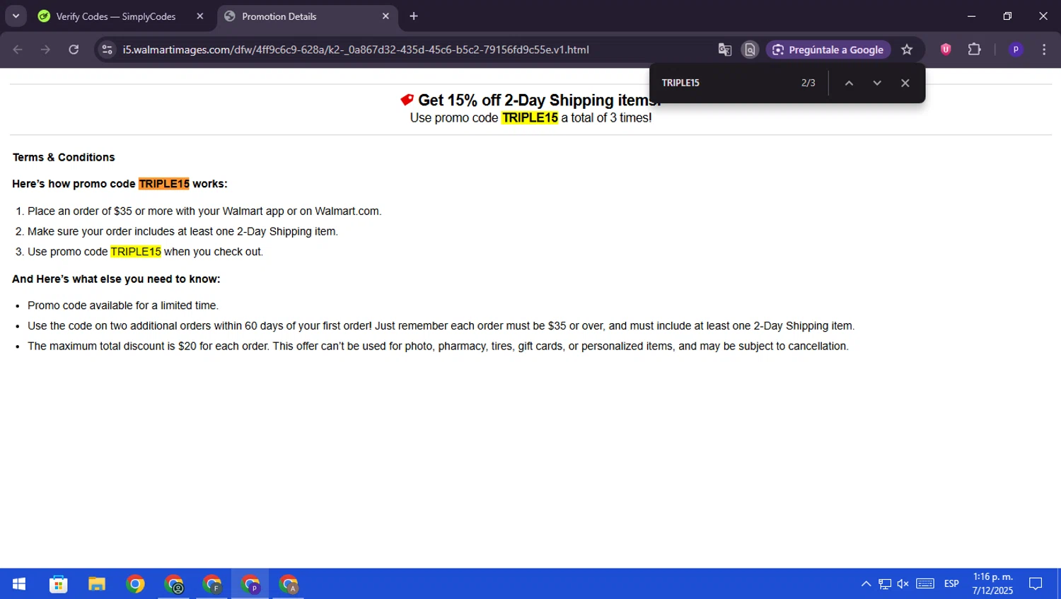 Walmart Grocery promo code screenshot showing code TRIPLE15 applied at Walmart Grocery checkout page. Uploaded by SimplyCodes community member RebateScout6612 on Dec 7, 2025