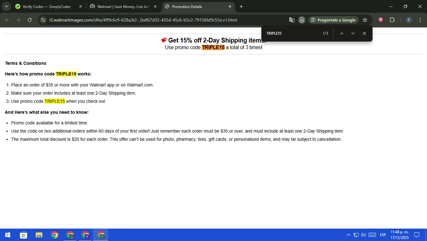 Walmart Grocery checkout page showing Walmart Grocery promo code box | Screenshot taken by SimplyCodes community member on Dec 18, 2025