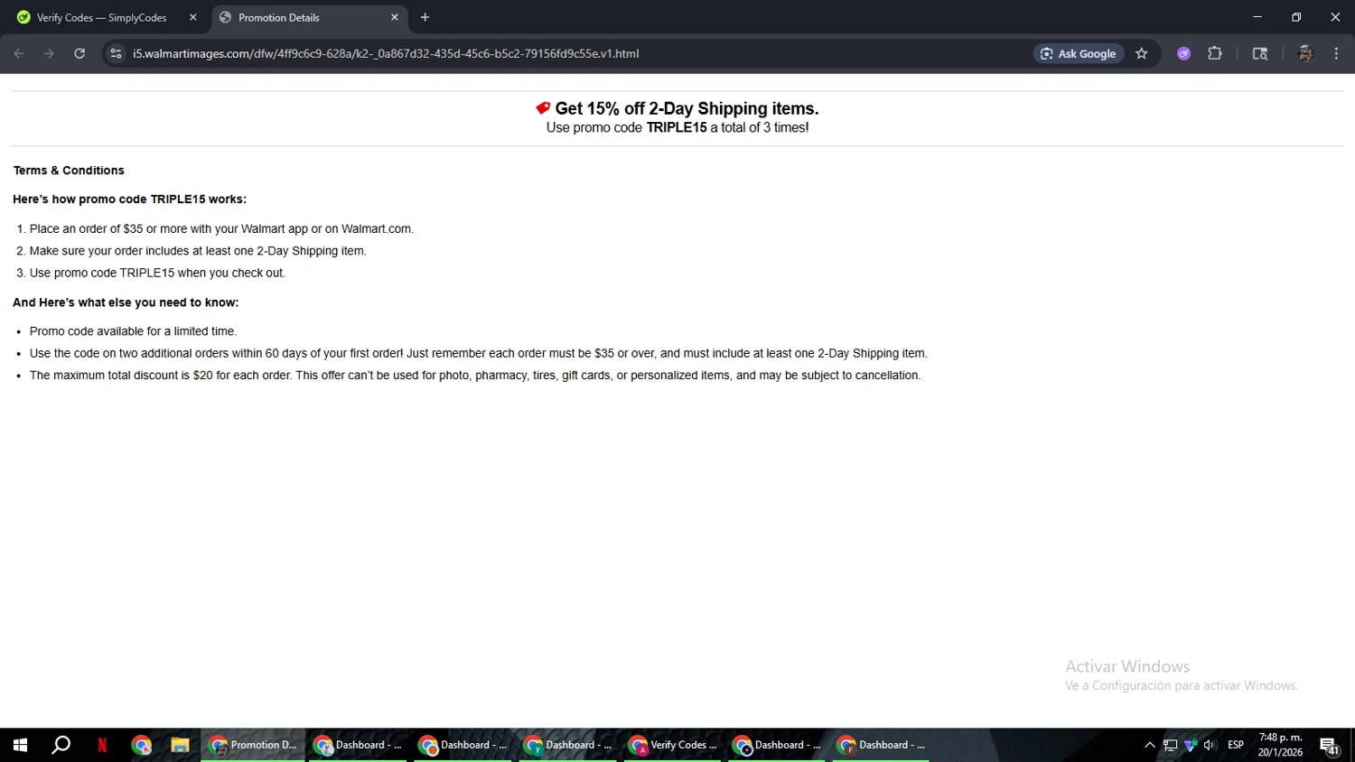 Walmart Grocery checkout page showing Walmart Grocery promo code box | Screenshot taken by SimplyCodes community member on Jan 20, 2026