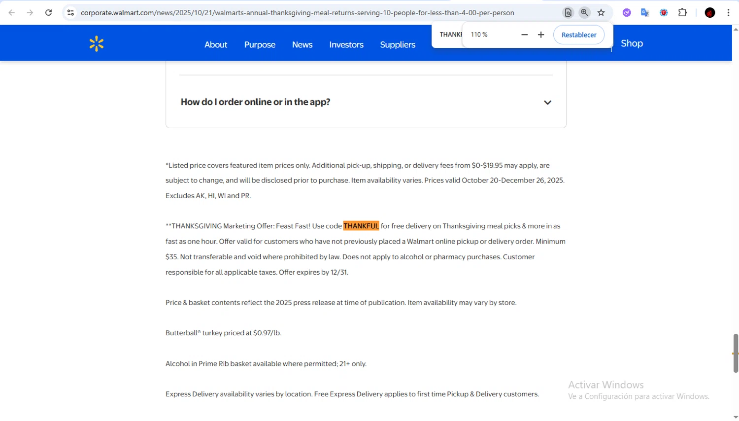 Walmart Grocery promo code screenshot showing code THANKFUL applied at Walmart Grocery checkout page. Uploaded by SimplyCodes community member Francisco01 on Dec 5, 2025