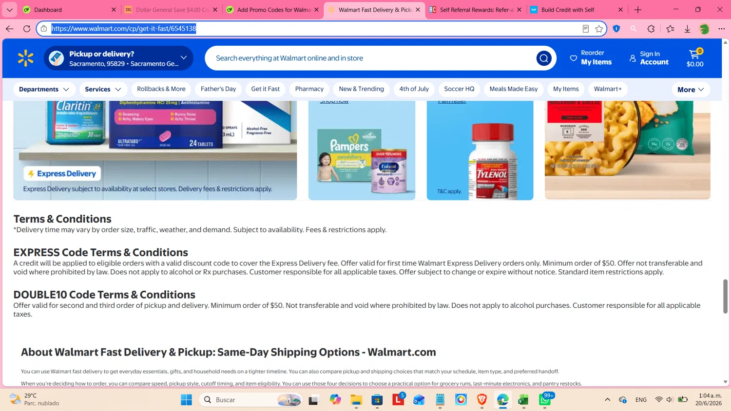 Walmart Grocery promo code screenshot showing code EXPRESS applied at Walmart Grocery checkout page. Uploaded by SimplyCodes community member cosita on Jun 20, 2026