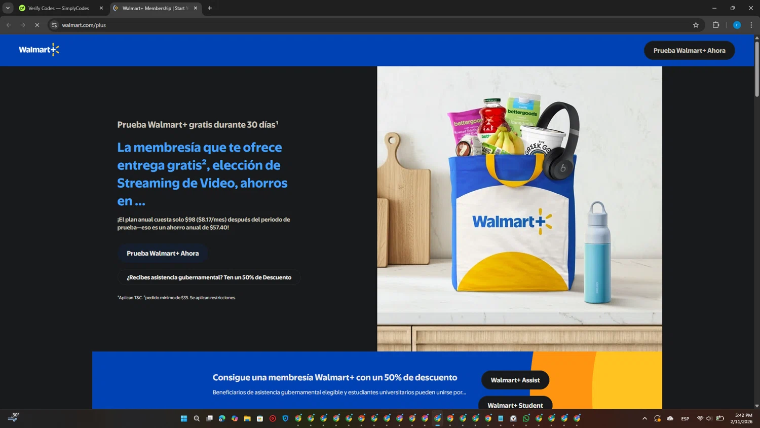 Walmart Plus promo code screenshot showing code TRIPLE10 applied at Walmart Plus checkout page. Uploaded by SimplyCodes community member CouponPhoenix3444 on Feb 11, 2026