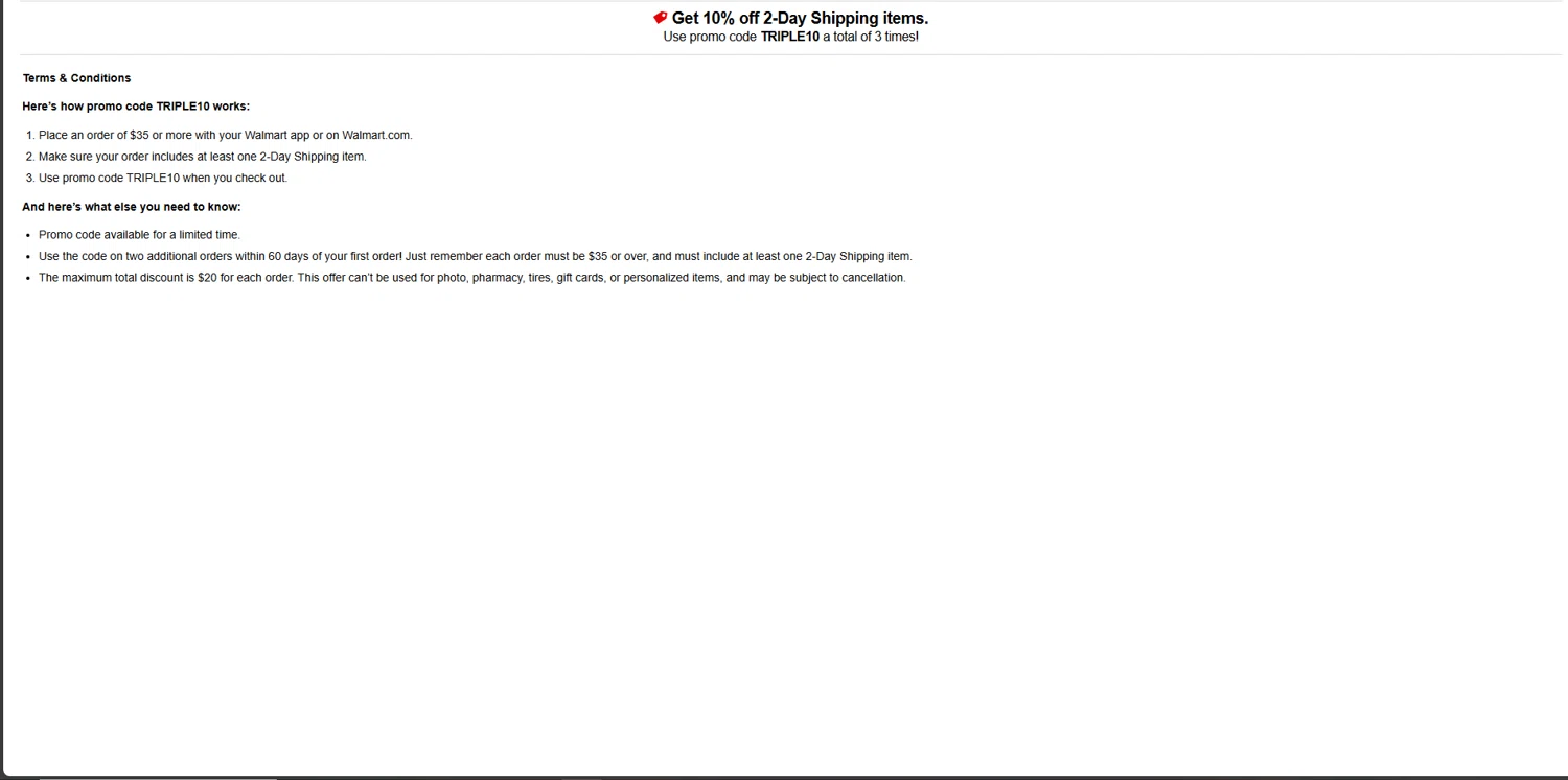 Walmart Plus promo code screenshot showing code TRIPLE10 applied at Walmart Plus checkout page. Uploaded by SimplyCodes community member FrugalElite775 on Oct 28, 2025