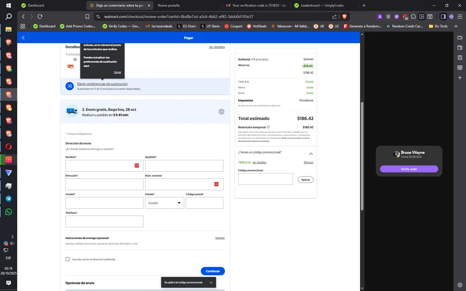 Walmart Plus promo code screenshot showing code TRIPLE10 applied at Walmart Plus checkout page. Uploaded by SimplyCodes community member ilarrazaM5 on Oct 28, 2025
