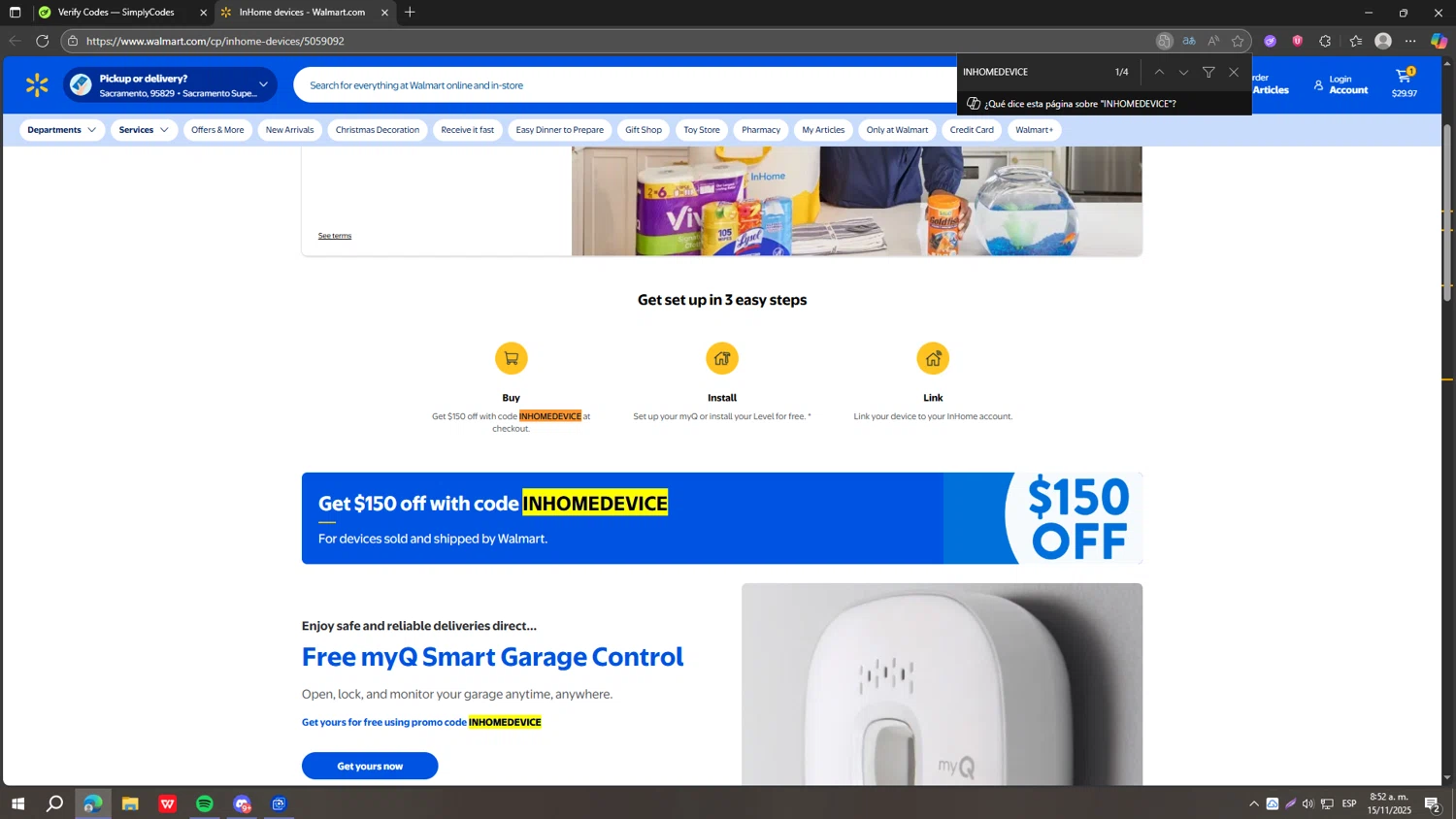 Walmart Plus promo code screenshot showing code INHOMEDEVICE applied at Walmart Plus checkout page. Uploaded by SimplyCodes community member fjkdjkldsf on Nov 15, 2025