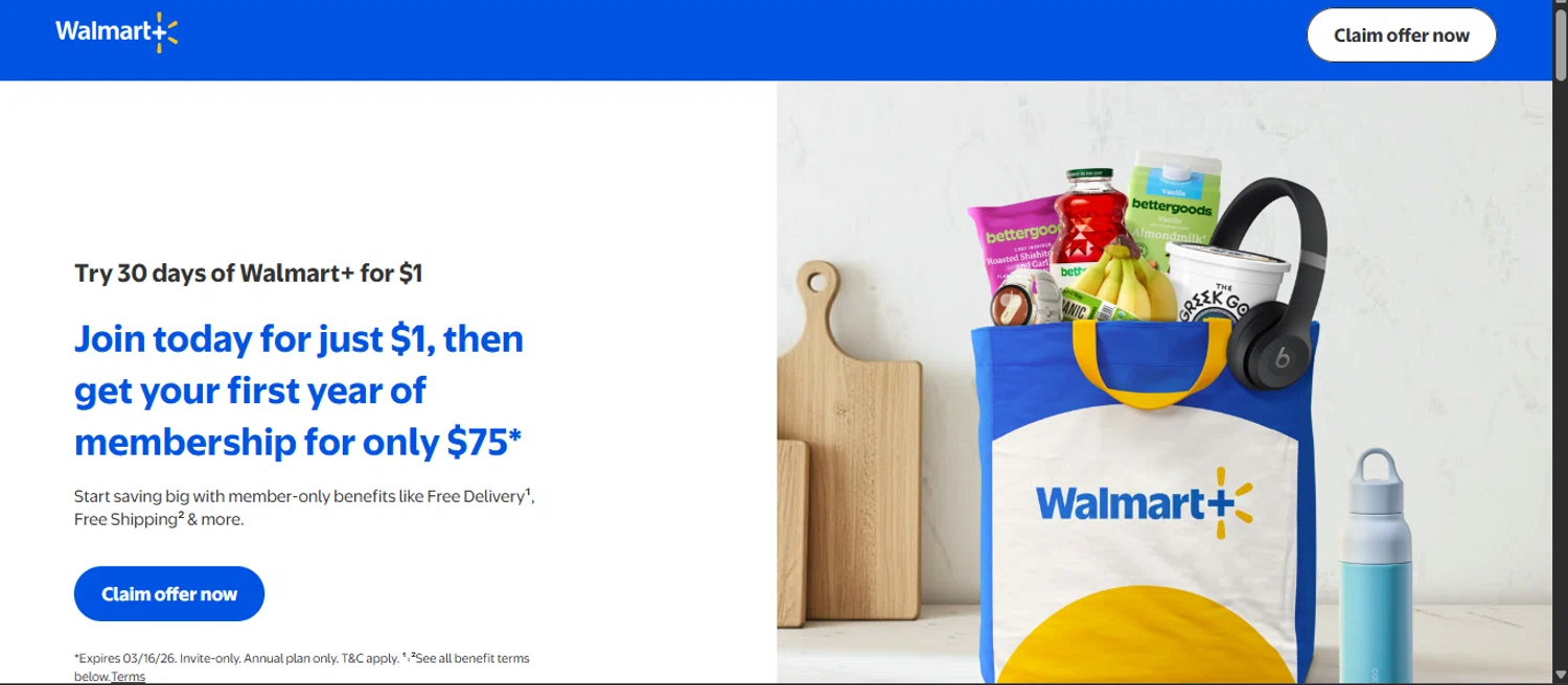 Walmart Plus promo code screenshot showing code INHOMEDEVICE applied at Walmart Plus checkout page. Uploaded by SimplyCodes community member noworries on Mar 1, 2026