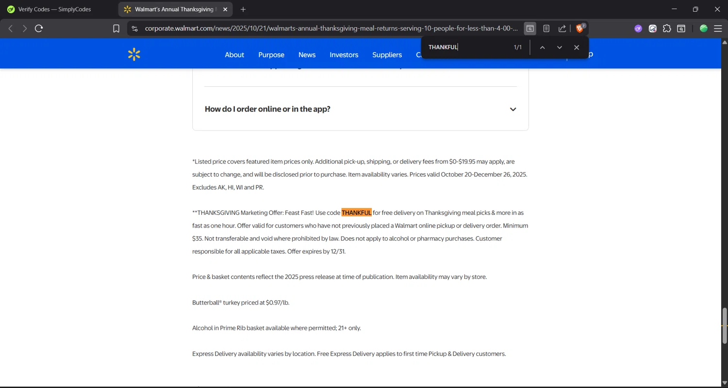 Walmart Plus promo code screenshot showing code THANKFUL applied at Walmart Plus checkout page. Uploaded by SimplyCodes community member Focus_123 on Dec 7, 2025